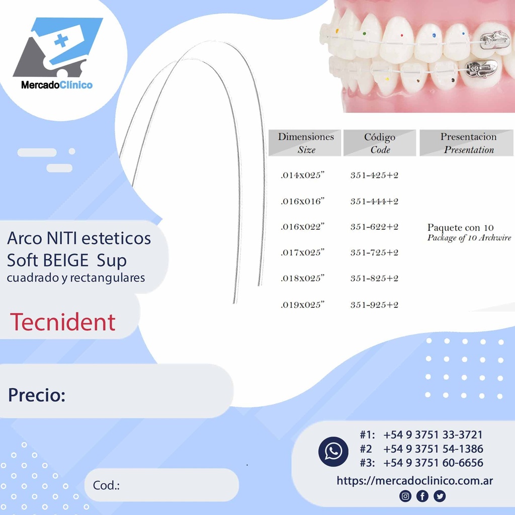 Arco NITI - esteticos  BEIGE - Soft Termo universal - Cuadrado y Rectangulares - x 10 unidades - Tecnident