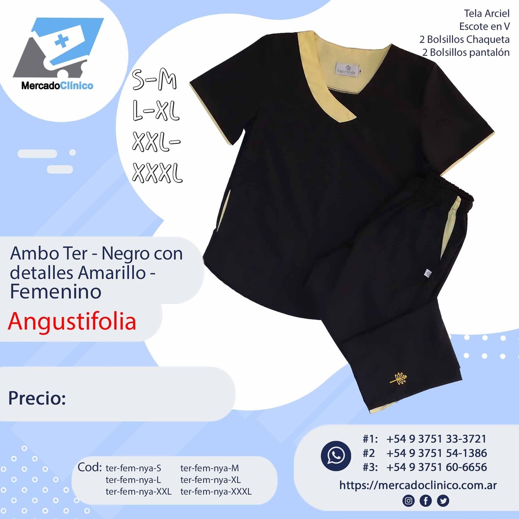 Ambo Ter - Pantalón y chaquetilla - Negro con detalle Amarillo - Femenino - Angustifolia