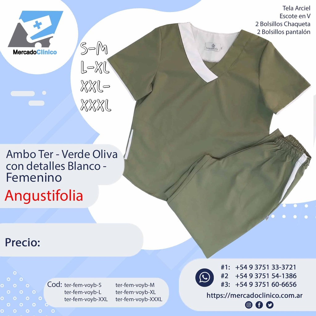 Ambo Ter - Pantalón y chaquetilla - Verde Oliva con detalle Blanco - Femenino - Angustifolia