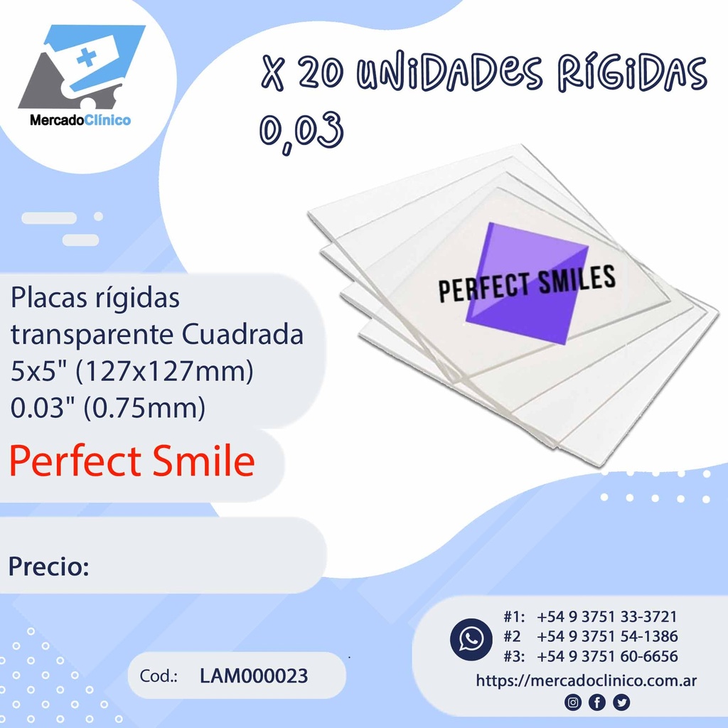 Placas / Láminas Flexible  transparente Cuadrada - x 20 un - 0,03" (0,75 mm) - PERFECT SMILES