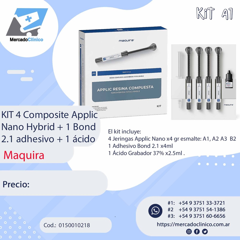 Kit X4 Composite APPLIC NANO HYBRID  A1 -  (composite + adhesivo + ácido MAQUIRA