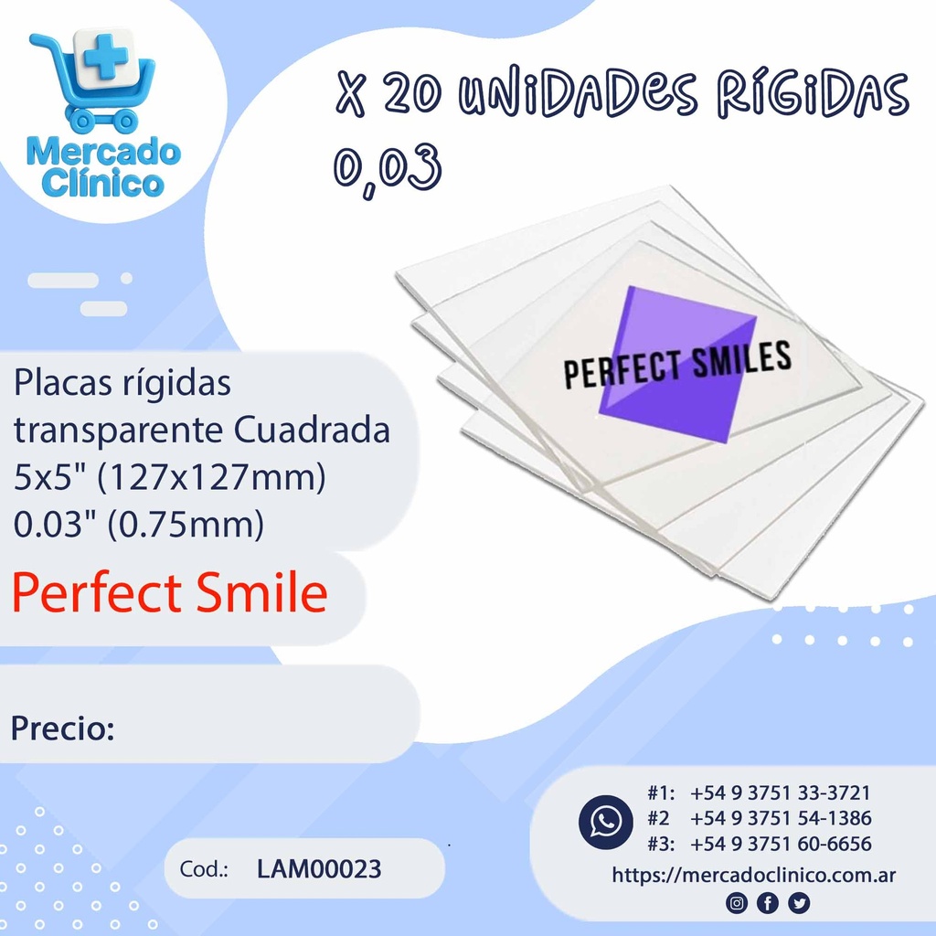 Placas / Láminas Rígidas  transparente Cuadrada - x 20 un - 0,03" (0,75 mm) - PERFECT SMILES