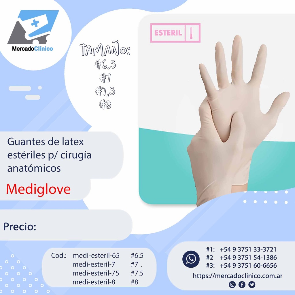 Guantes de látex  estériles p/ cirugía anatómicos - Mediglove