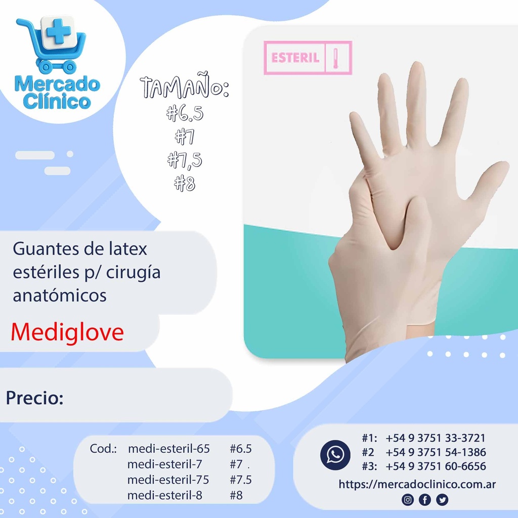 Guantes de látex  estériles p/ cirugía anatómicos - Mediglove