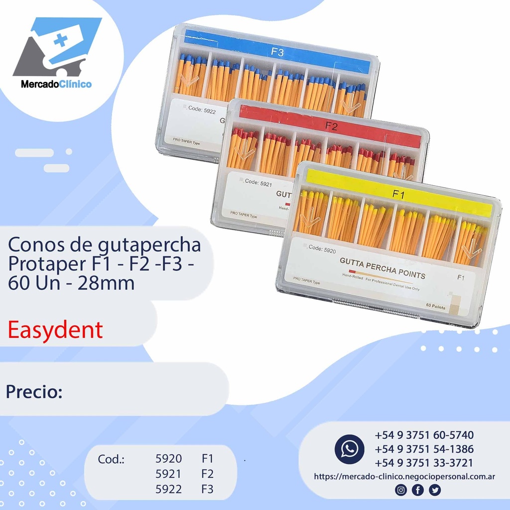 Conos de Gutapercha para Protaper (F1 / F2 / F3 ) - caja x 60u. - Easydent
