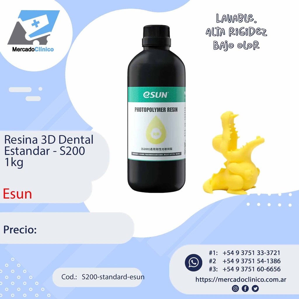 Resina estándar S200  1k - Color Amarillo Brillante -Impresiones Generales - Lavable con alcohol - Esun 