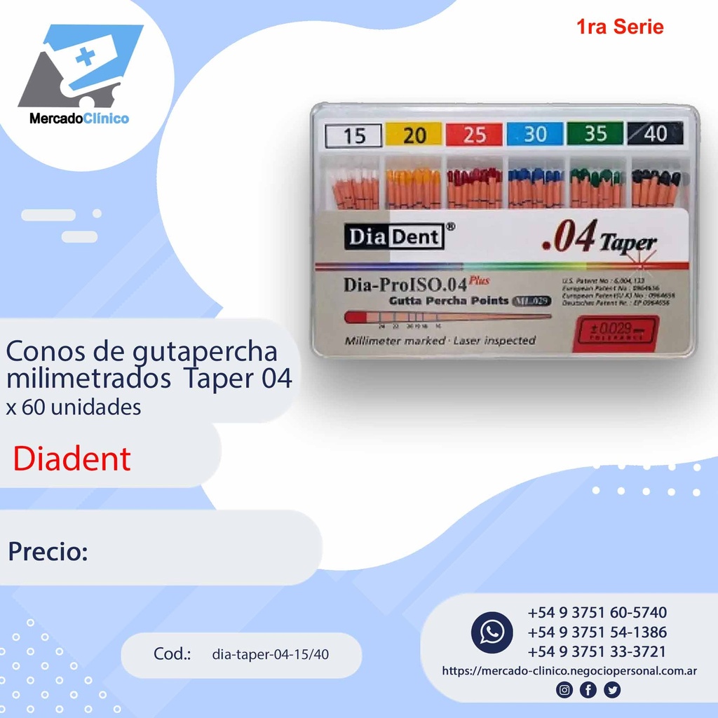 Conos de gutapercha milimetrados - Taper 04  - 60 Un - 2ra serie (45-80)- Diadent