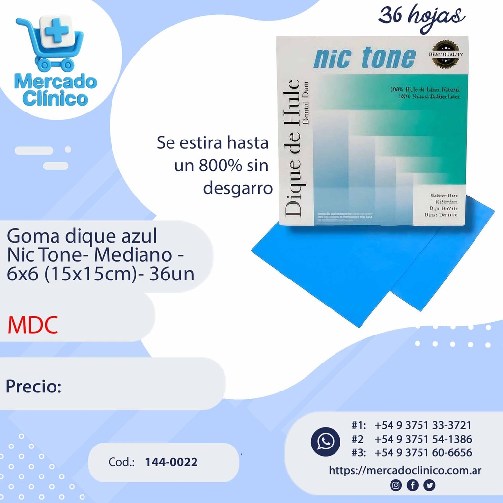 Goma dique Nic Tone - 6x6 mediano Azul x36 - MDC