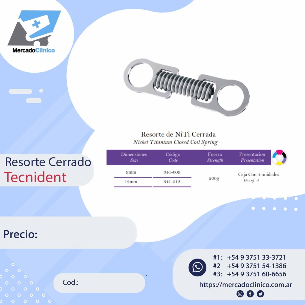 Resorte cerrado - NiTi  - 1 paquete c/ 4 un. -Tecnident (12mm)