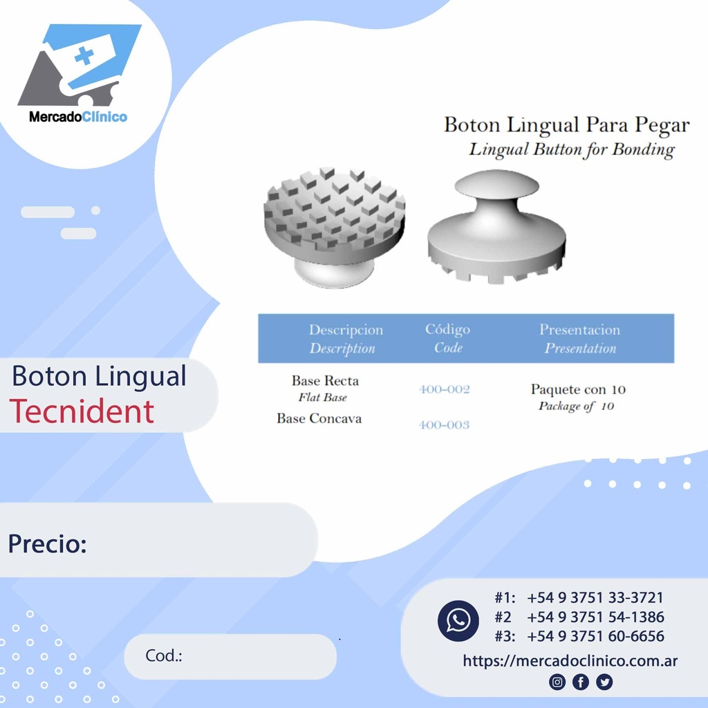 Botón de ortodoncia lingual para pegar- 10 unidades -  (Base Concava) - Tecnident