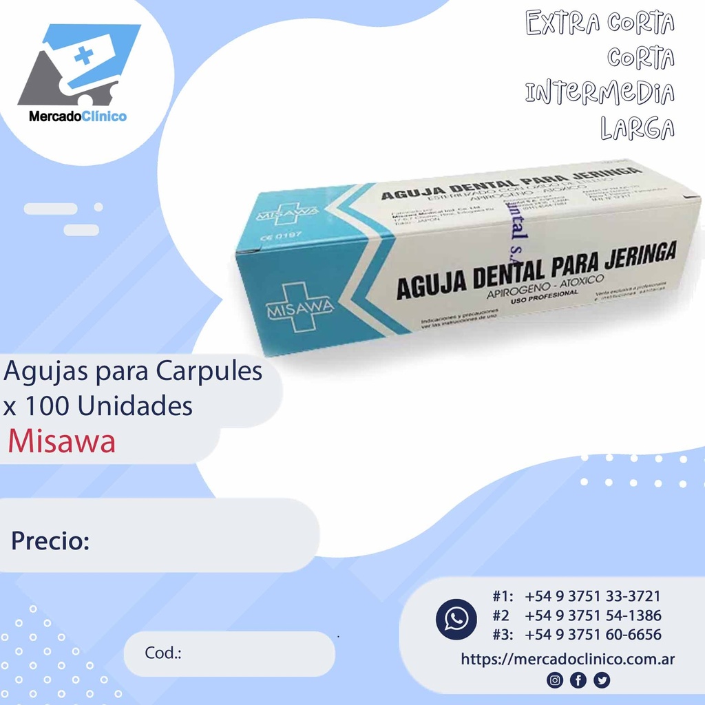 Agujas para carpules - x 100 un - Misawa