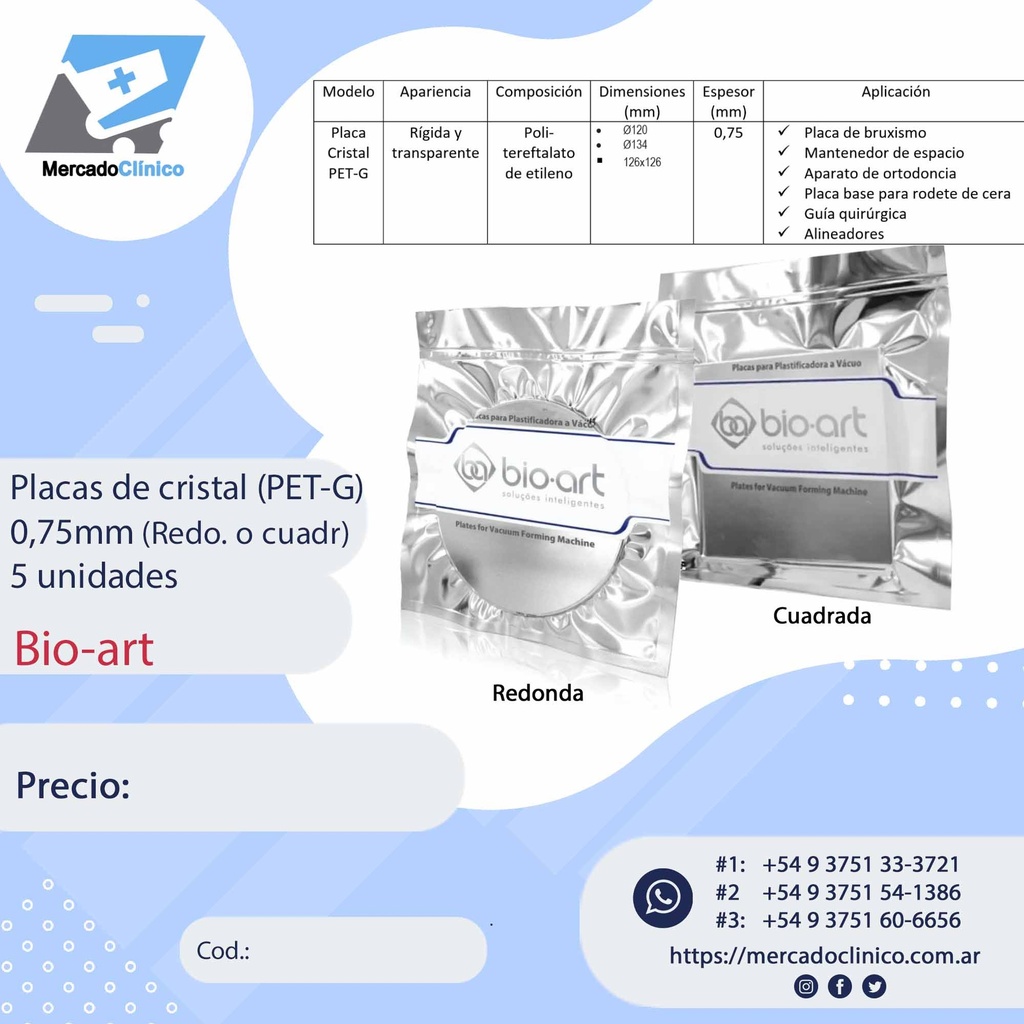 Placa de Cristal PET-G - 0,75 - 5 unidades - Bioart