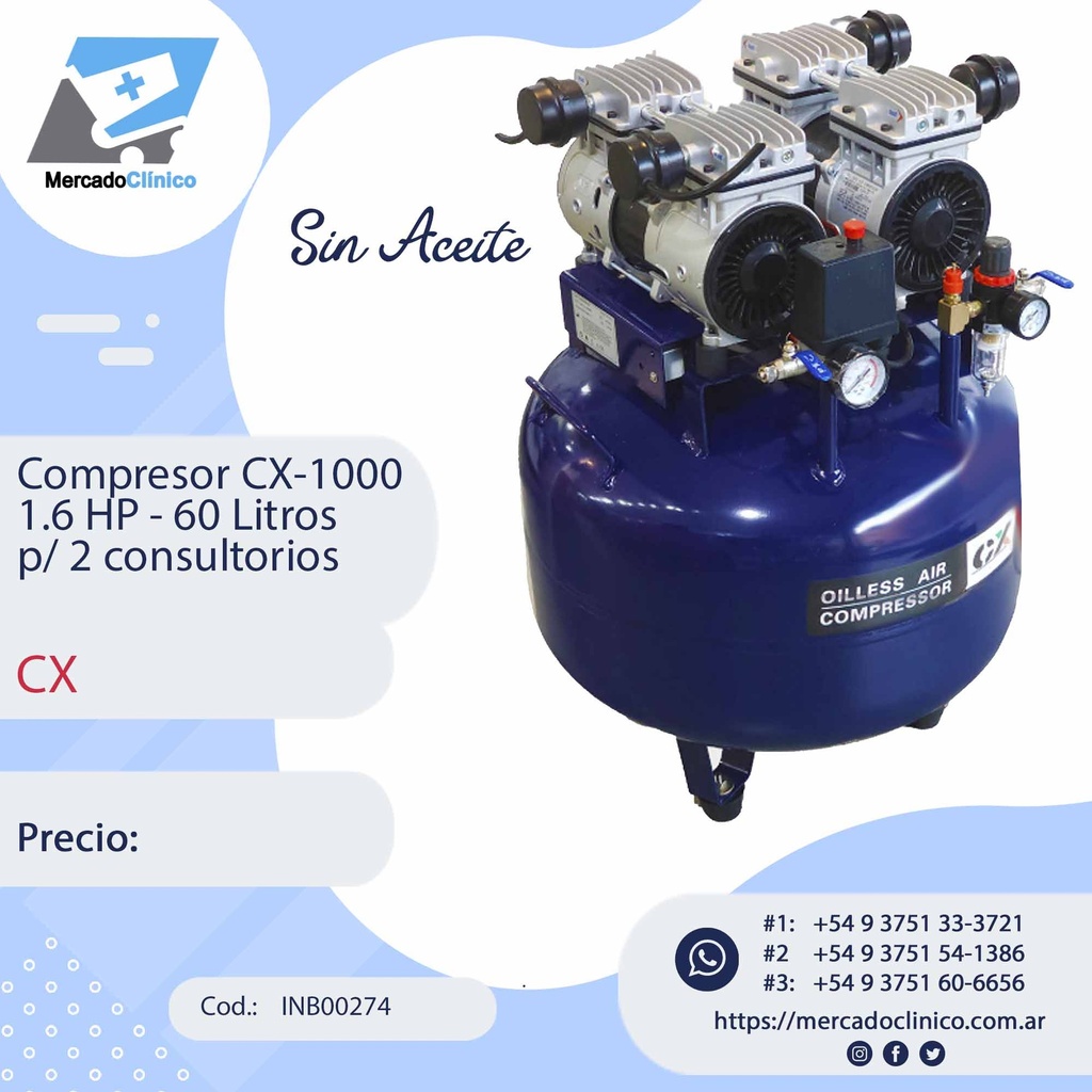 Compresor CX-1000  1.6 HP - 60 Litros p/ 2 consultorios