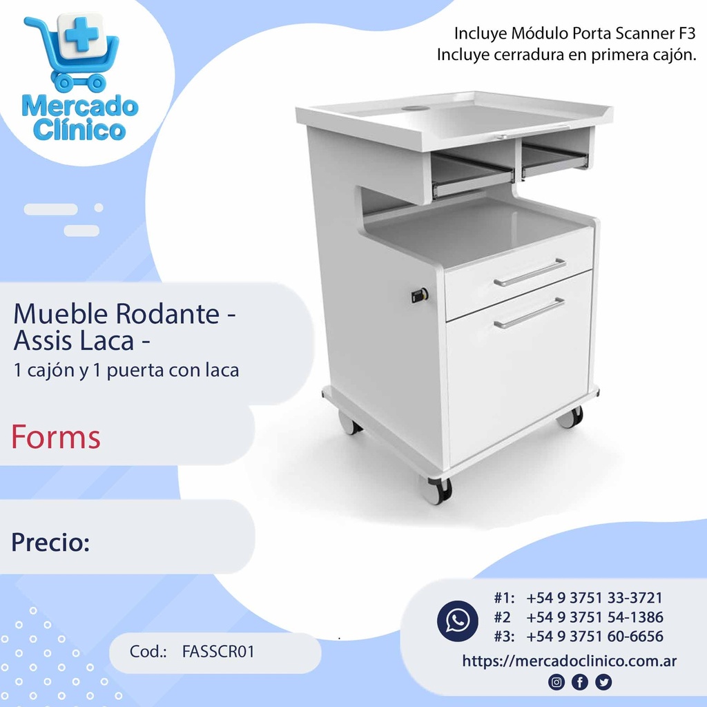 Mueble Rodante Assis Laca -  1 cajón y 1 puerta con Laca - Forms