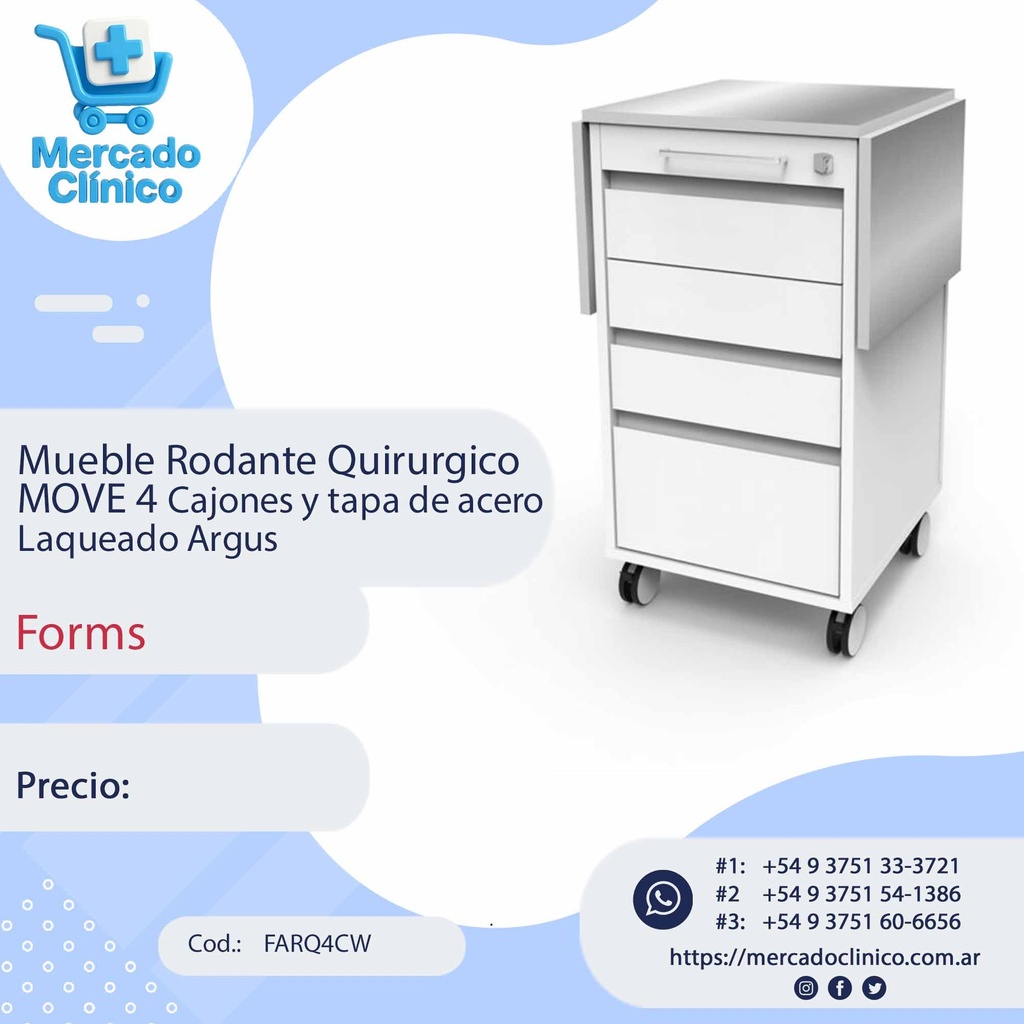 Mueble Rodante Quirurgico  MOVE 4 Cajones y tapa de acero Laqueado Argus - Forms