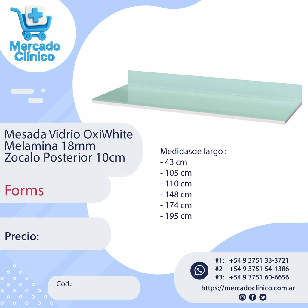 Mesada Vidrio OxiWhite Melamina 18mm Zocalo Posterior 10cm - Forms