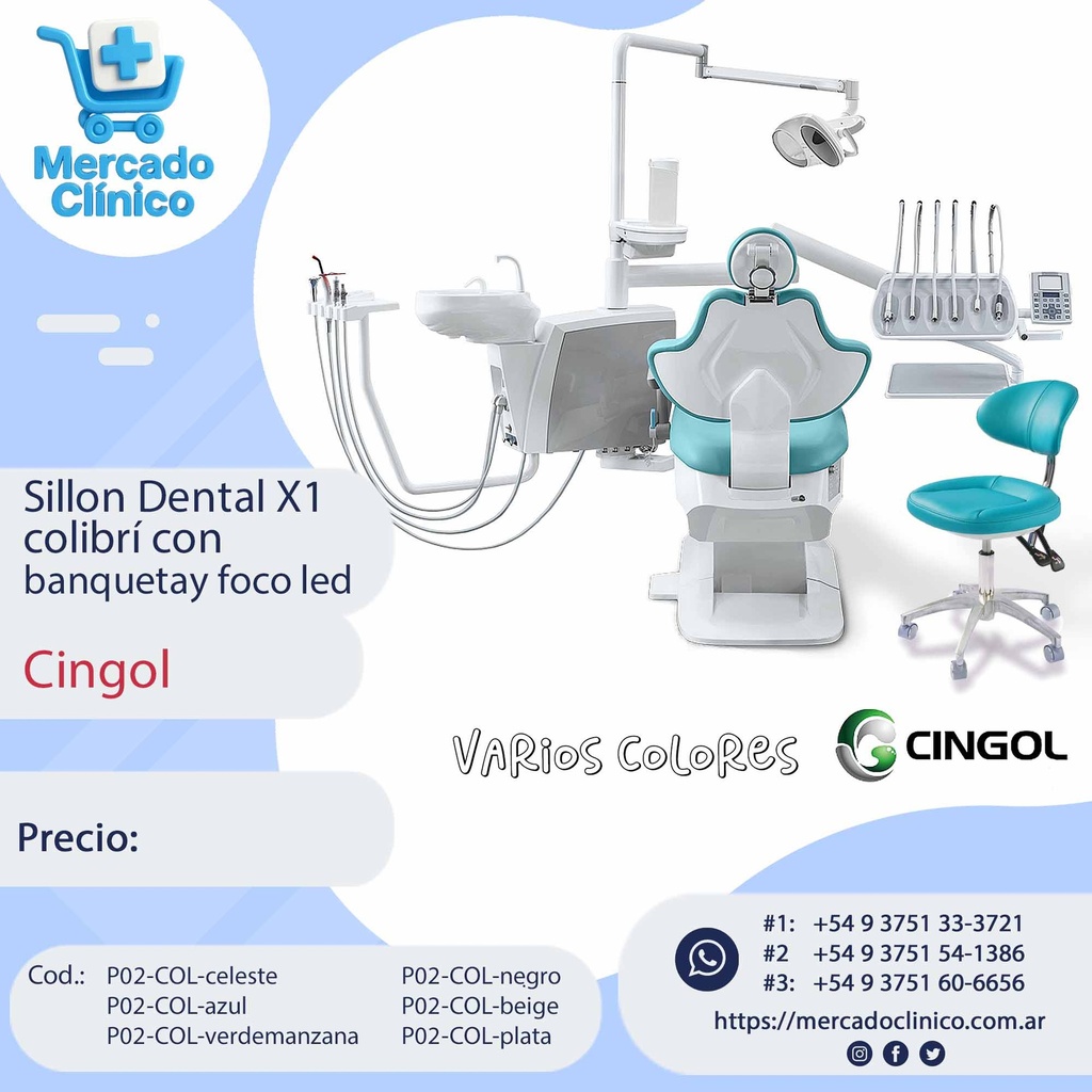 Equipo sillón odontológico X1 Colibrí, con Banqueta y foco LED - CINGOL