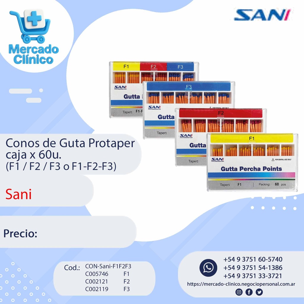 Conos de Guta Protaper, caja x 60u. (F1 / F2 / F3 ) - SANI 