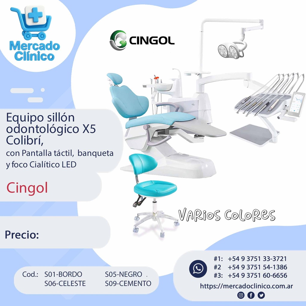 Equipo sillón  odontológico X5  Colibrí,  con Pantalla táctil,  banqueta  y foco Cialítico LED - Cingol