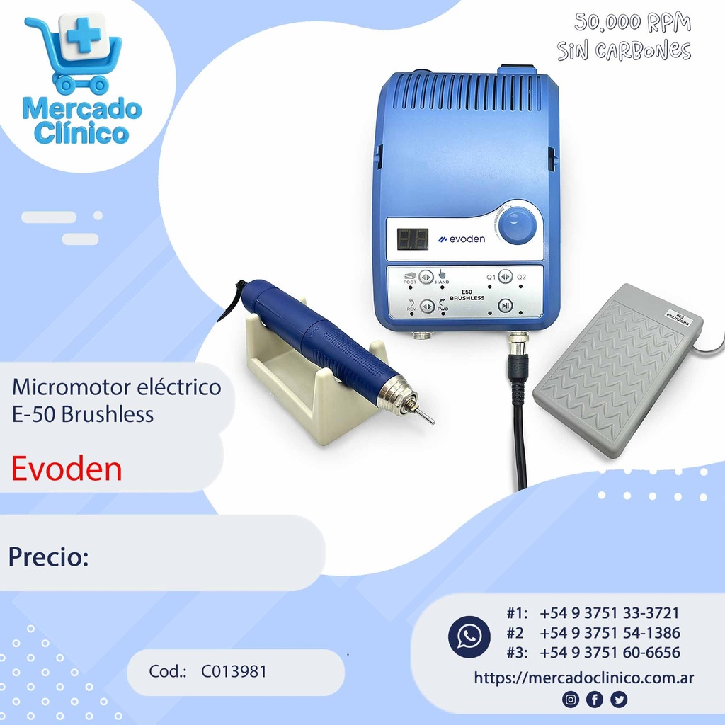 Micromotor para laboratorio E-50 Brushless (sin carbones), 50.000 rpm, pedal progresivo - EVODEN