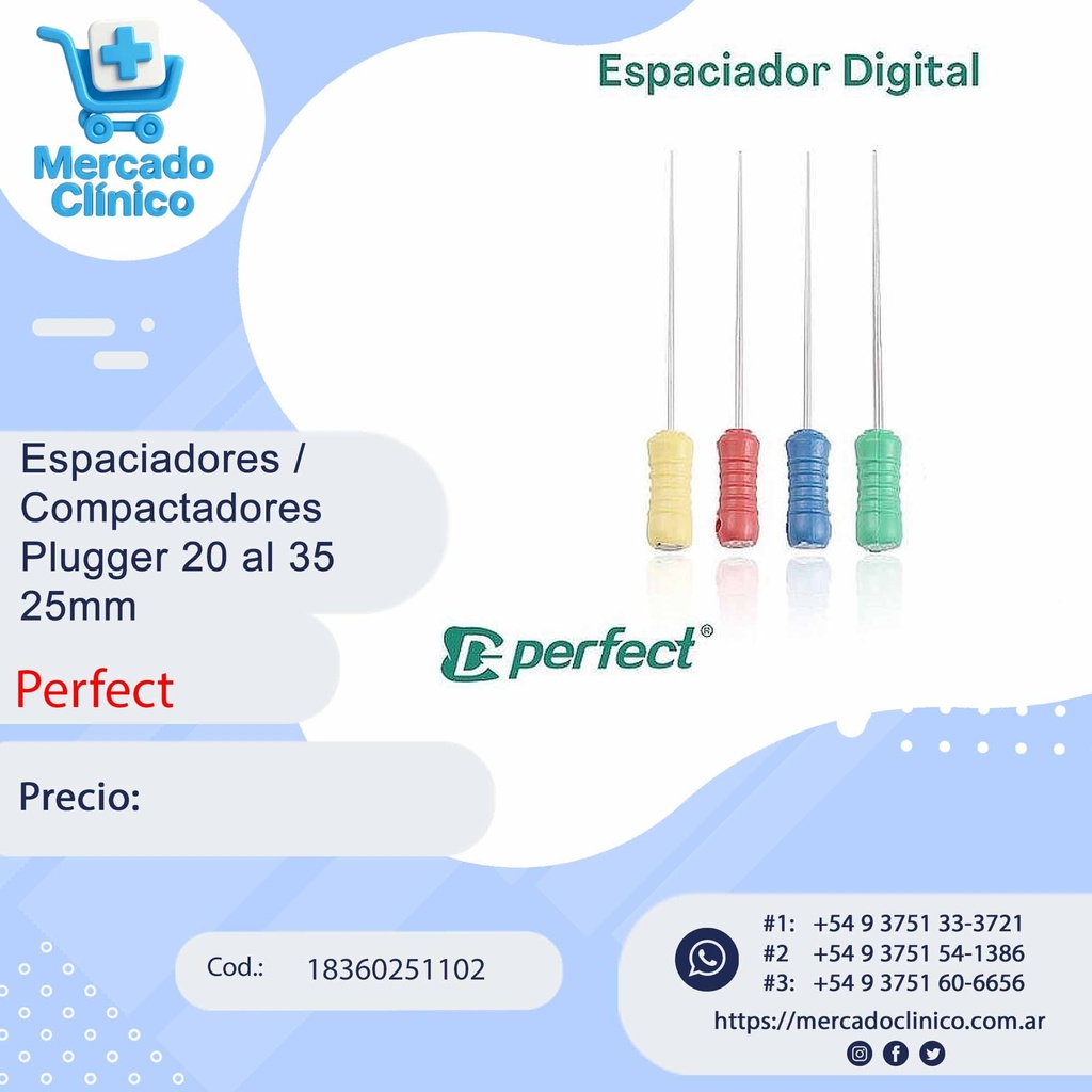 Espaciadores / Compactadores Pluggers A-D  (#20 al #35) - de 25 mm  - Perfect