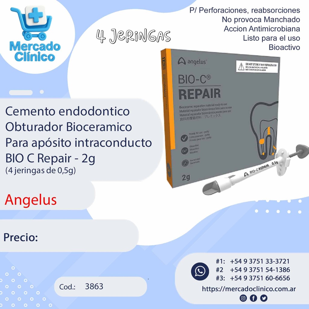 Cemento endodontico Obturador Bioceramico Para apósito intraconducto  BIO C TEMP - 2g (4 jeringas de 0,5g) - Angelus  (copia)