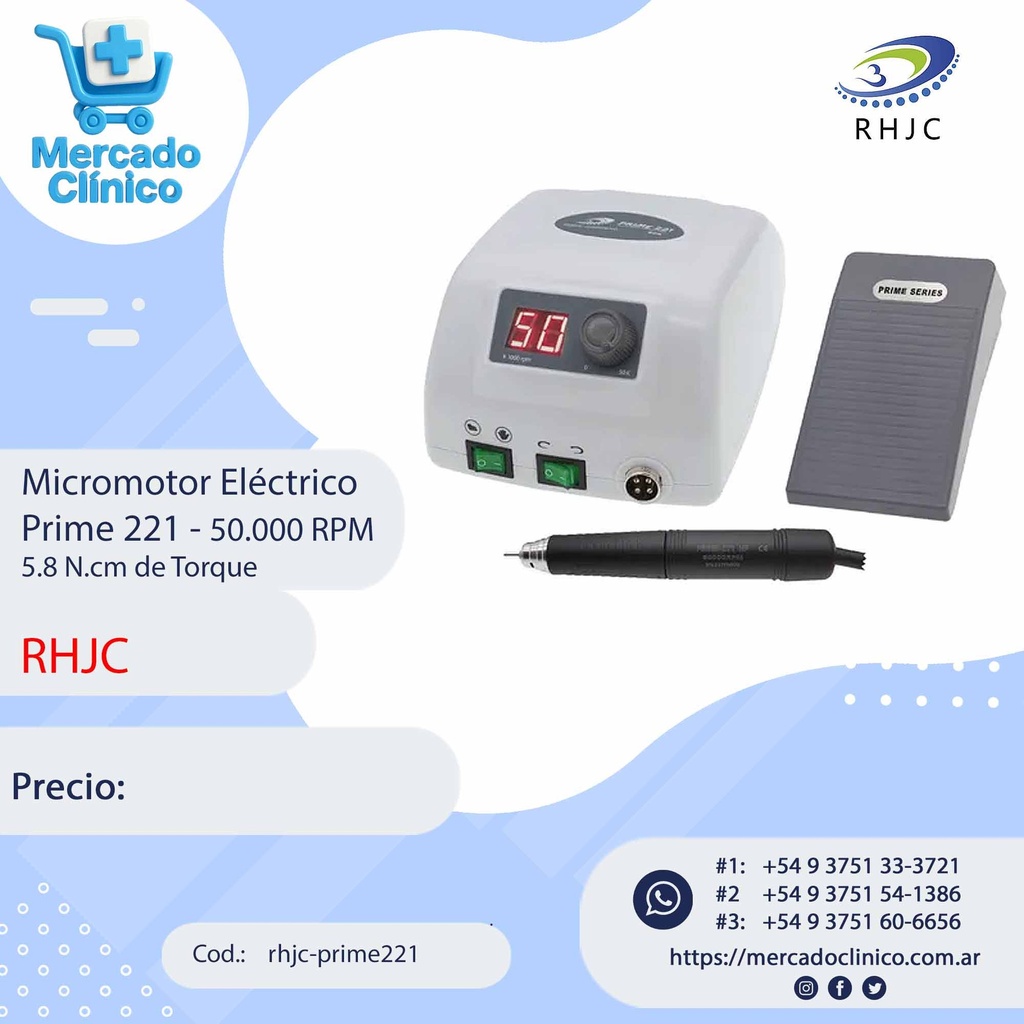 Micromotor Eléctrico Prime 221 - 50.000 RPM 5.8 N.cm de Torque - RHJC