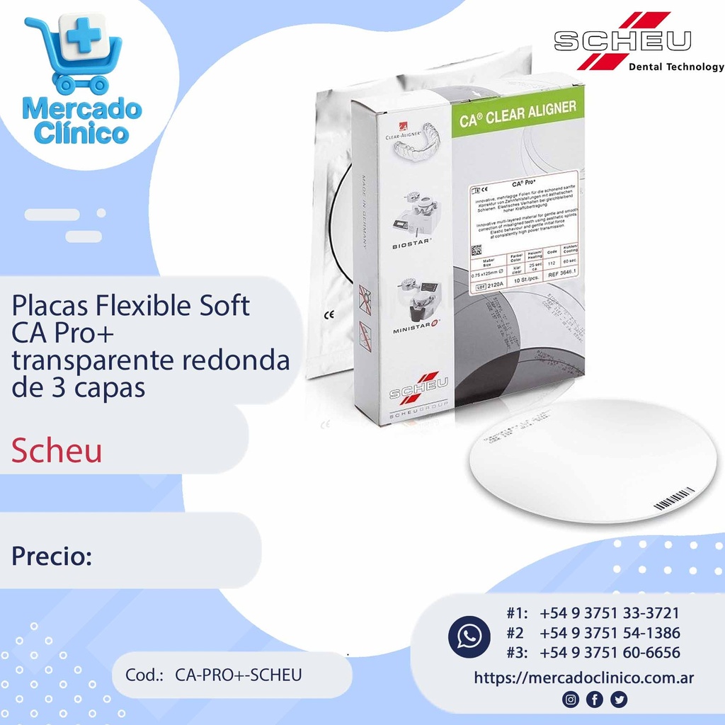 Placas / Láminas Flexible Soft  CA Pro+  transparente redonda de 3 capas - 0,03" (0,75 mm) - Alineadores - Scheu