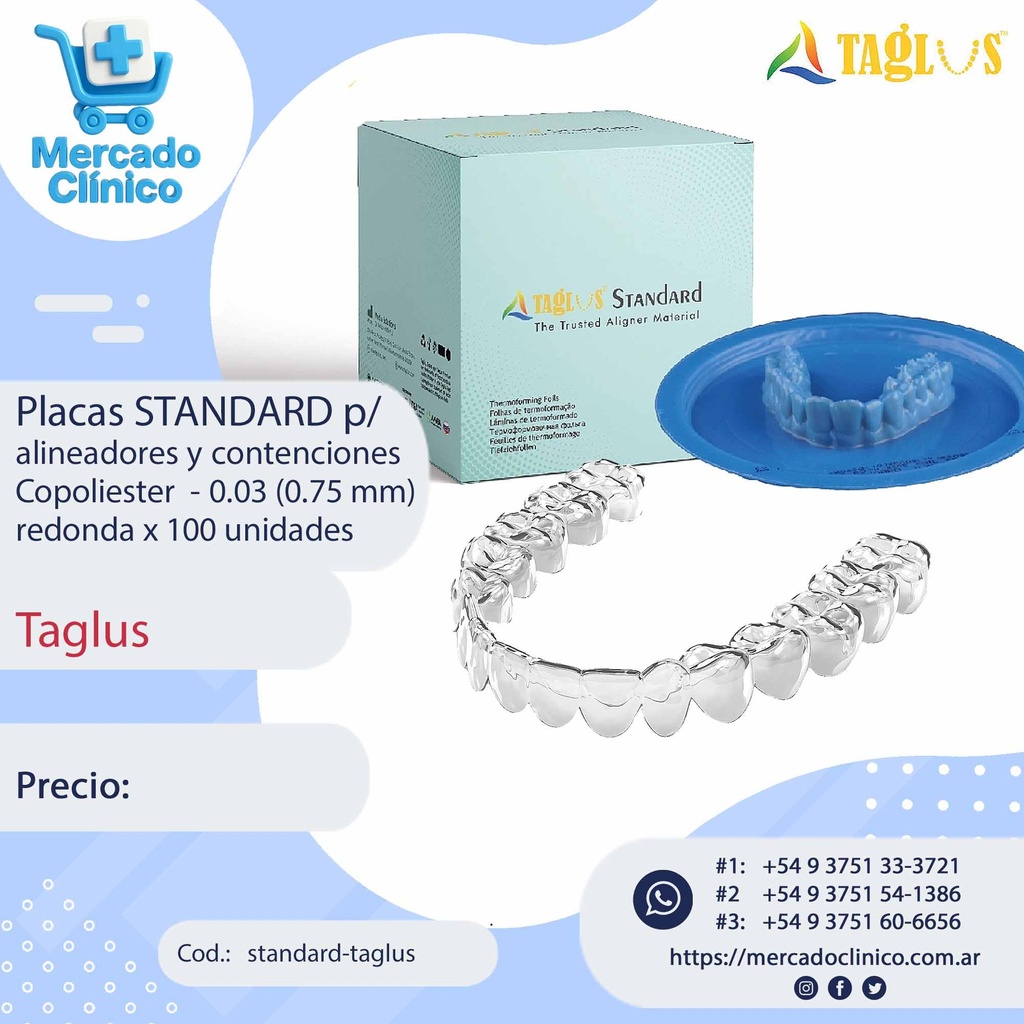 Placas / láminas PU FLEX p/  alineadores y contenciones  - Copoliester - 0.03 (0.75 mm) redonda x 100 un - Taglus