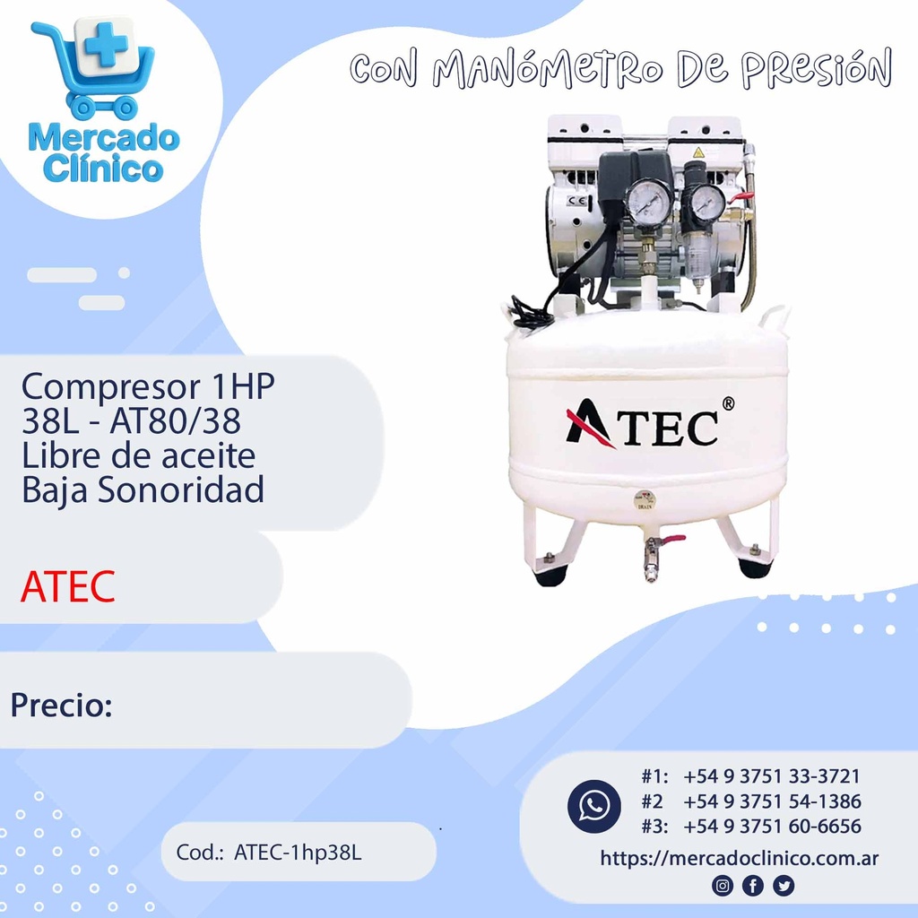 Compresor 1HP 38L - AT80/38  Libre de aceite Baja Sonoridad - ATEC