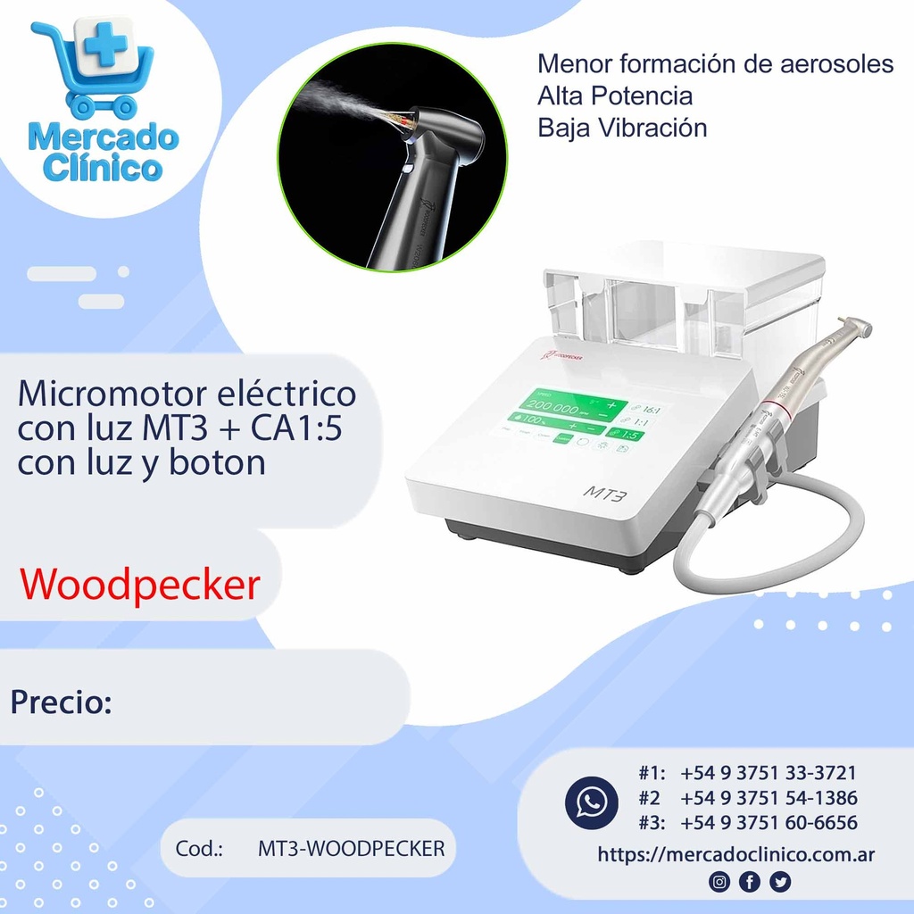 Micromotor eléctrico con luz MT3 + CA1:5 con luz y botón - Woodpecker