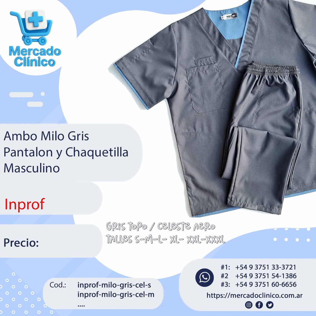 Ambo Milo Gris combinado con celeste aero - Pantalón y Chaquetilla - Masculino - Inprof