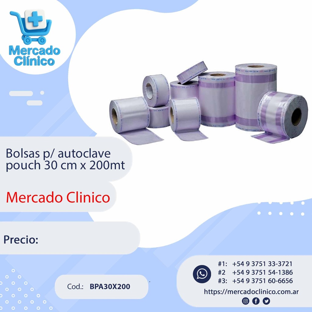 Bolsas p/ autoclave pouch 30 cm x 200mt -