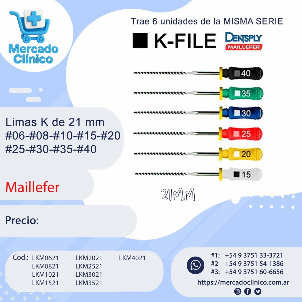 Limas K File de 21 mm - #06-#08-#10-#15-#20 #25-#30-#35-#40 - Maillefer