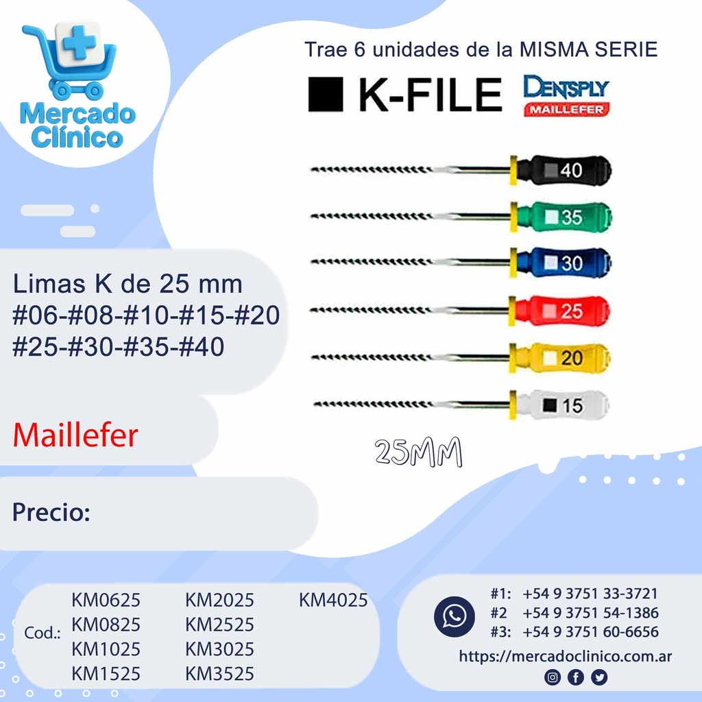 Limas K File de 25 mm - #06-#08-#10-#15-#20 #25-#30-#35-#40 - Maillefer