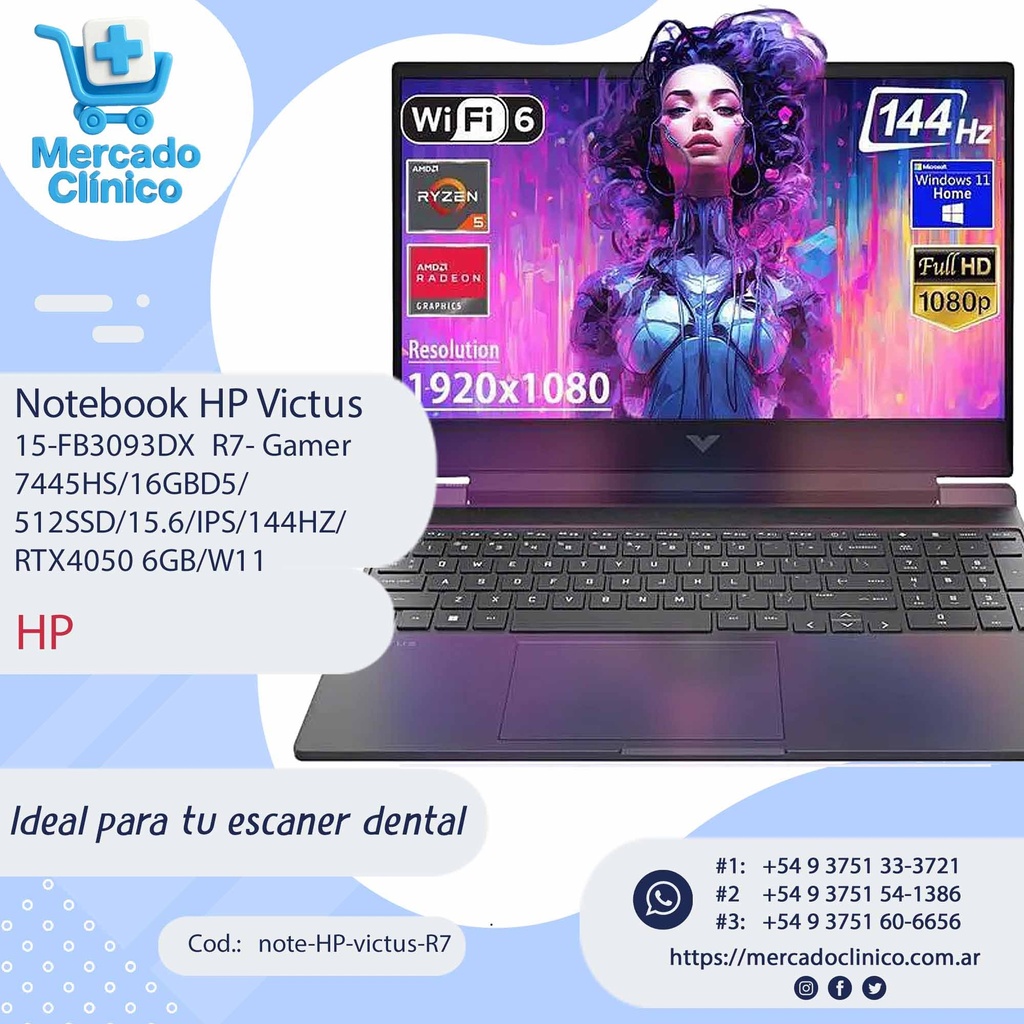 Notebook HP Victus  15-FB3093DX  R7- Gamer 7445HS/16GBD5/ 512SSD/15.6/IPS/144HZ/ RTX4050 6GB/W11  - HP