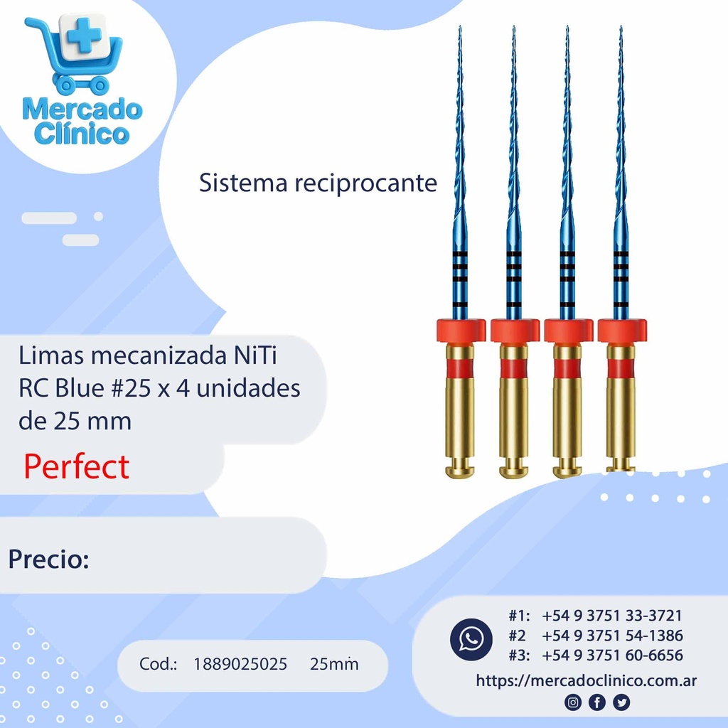 Limas mecanizada NiTi RC Blue #25 x 4 unidades de 25 mm Reciprocante- Perfect