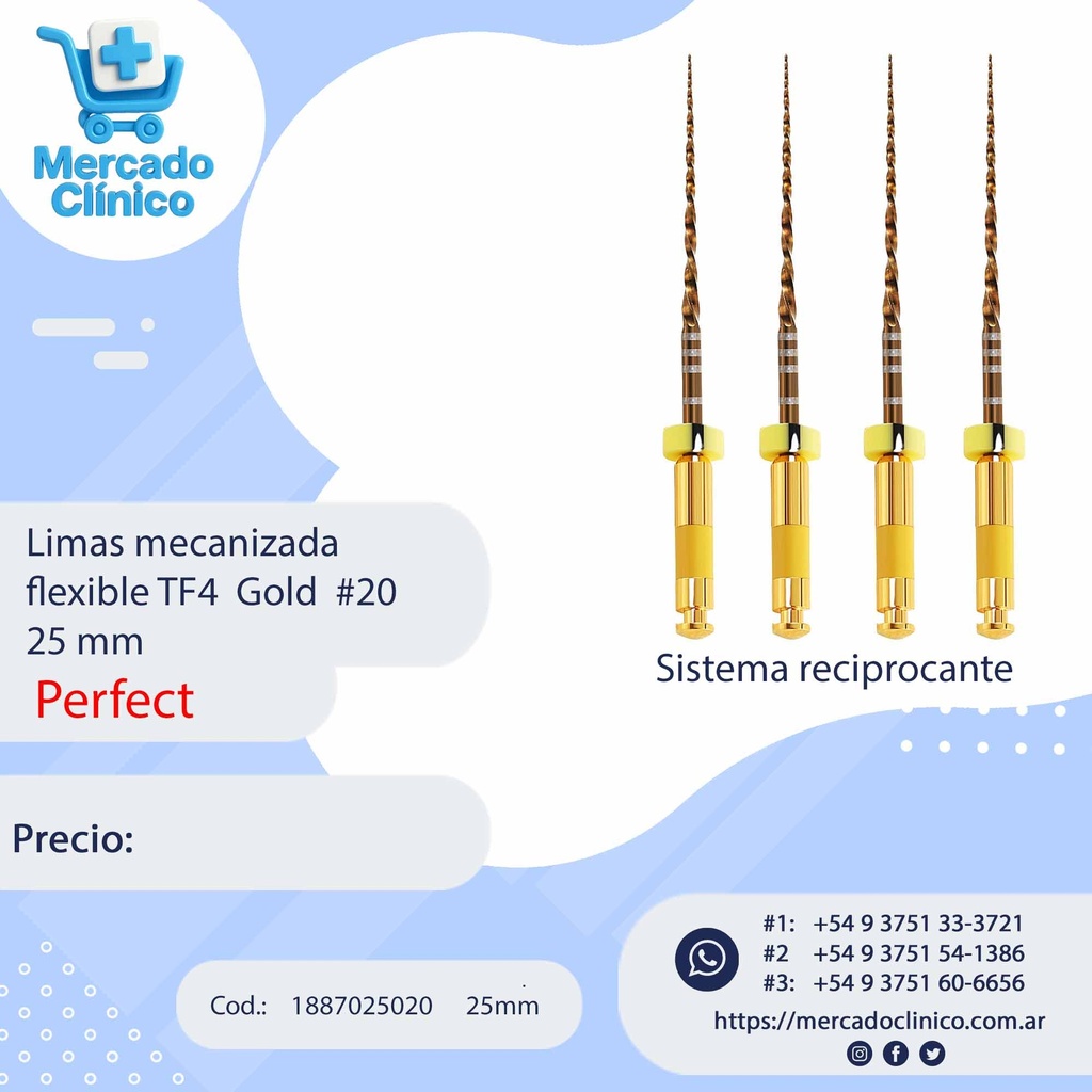 Limas mecanizada flexible TF4 Gold x 4  #20 - de 25mm Reciprocante - Perfect