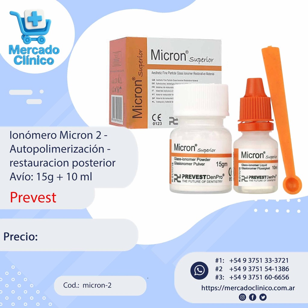 Ionómero Micron 2 - Autopolimerización - restauracion posterior Avío: 15g + 10 ml - PREVEST