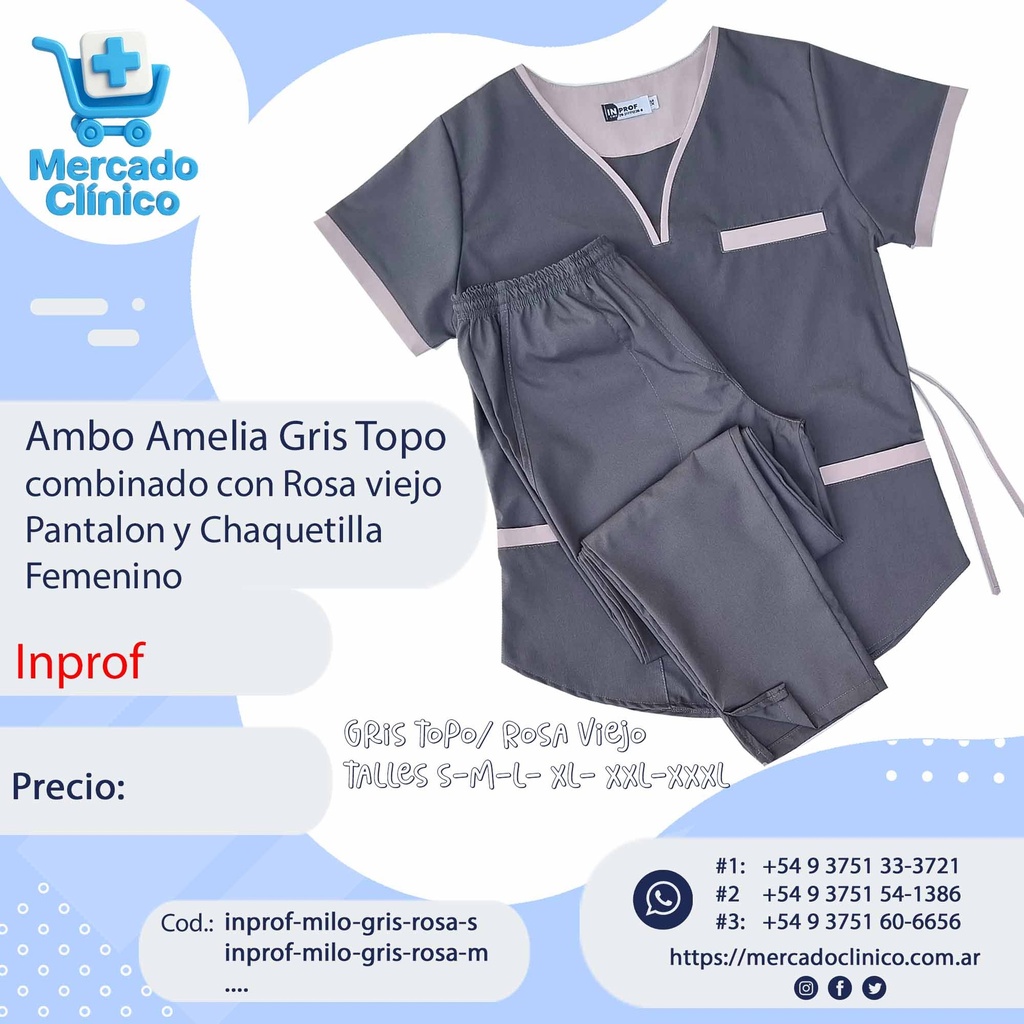 Ambo Amelia Gris Topo combinado con rosa viejo - Pantalón y Chaquetilla - Femenino - Inprof