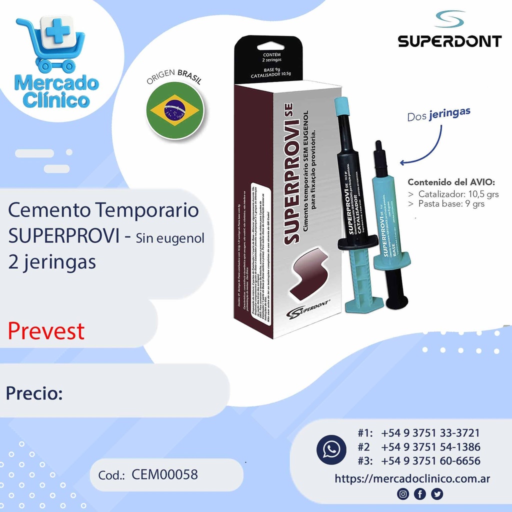 Cemento Temporario SUPERPROVI - Sin eugenol 2 jeringas - Superdont