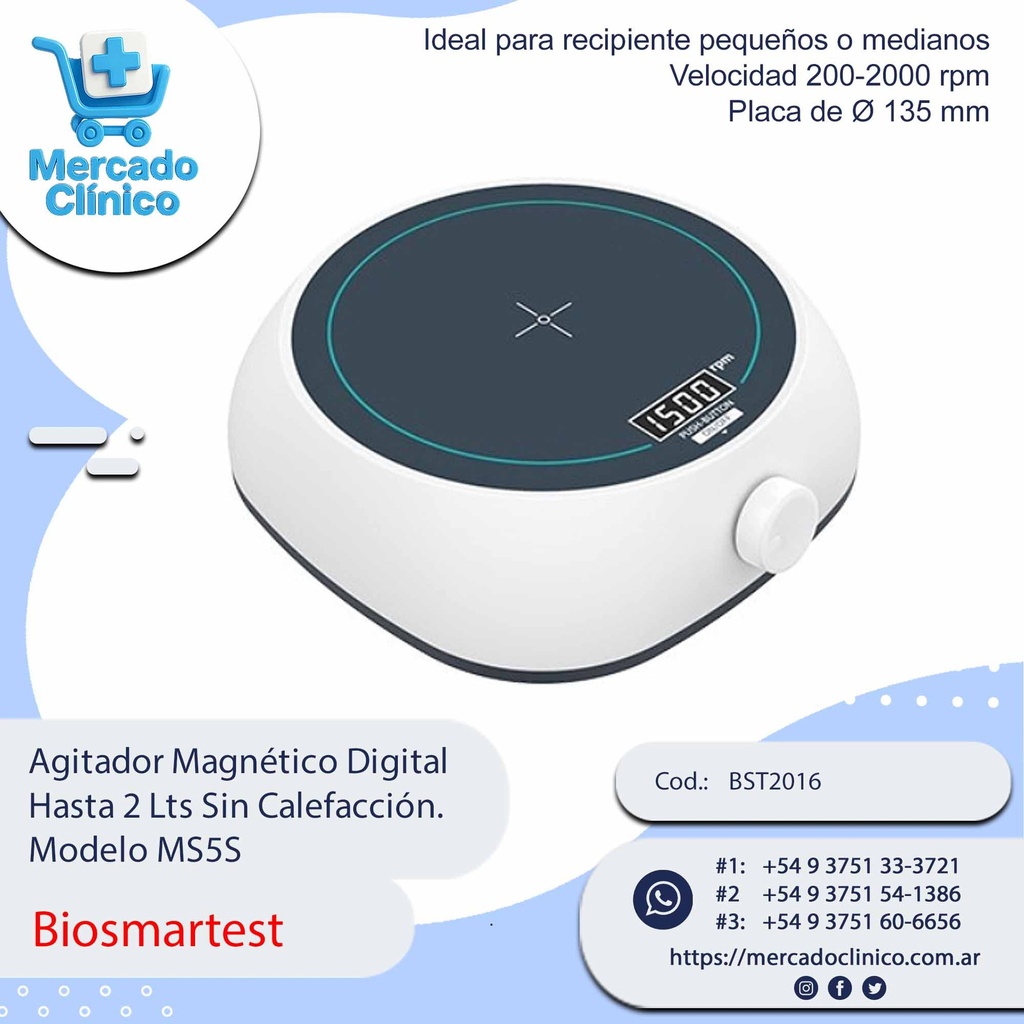 Agitador Magnético Digital Hasta 2 Lts Sin Calefacción. Modelo MS5S - Biosmartest