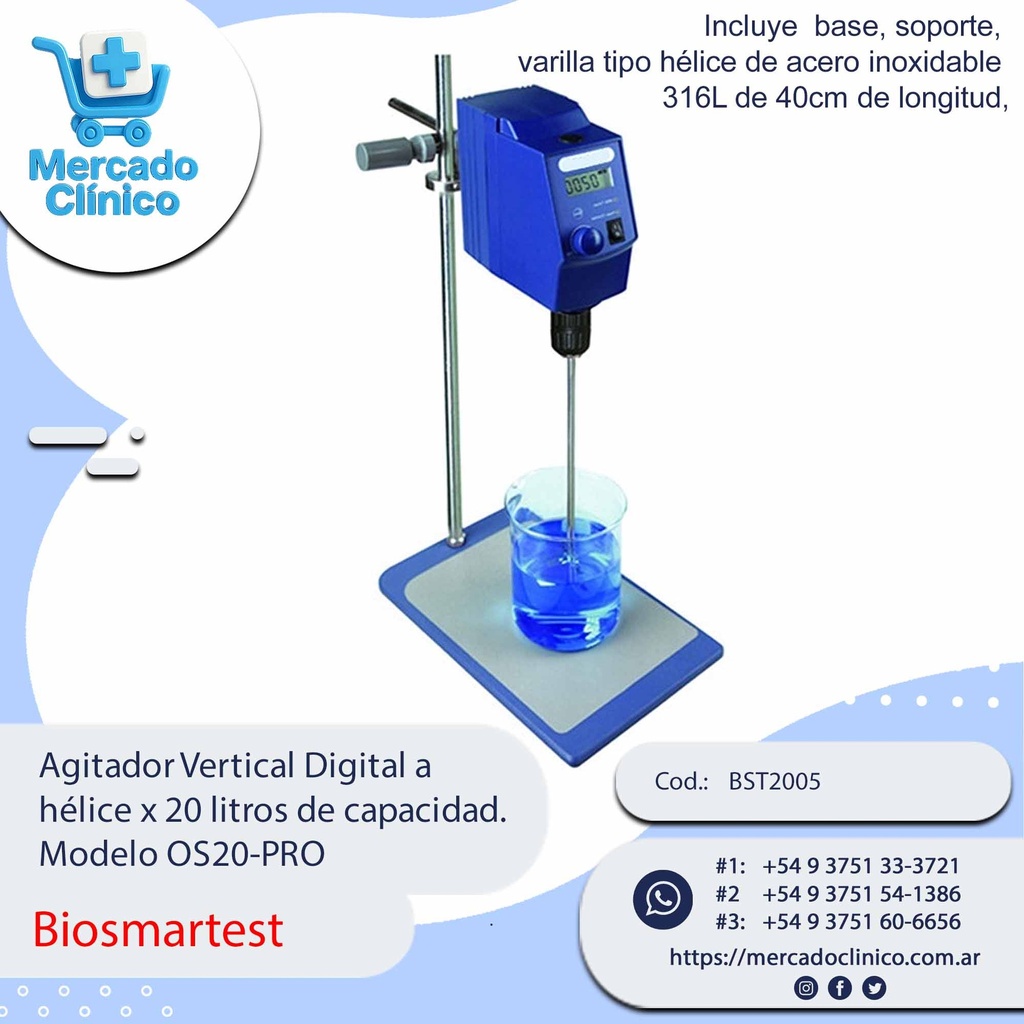 Agitador Vertical Digital a  hélice x 20 litros de capacidad.  Modelo OS20-PRO - Biosmartest