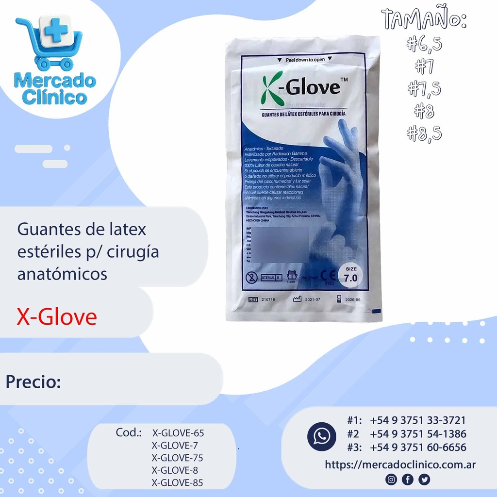 Guantes de latex  estériles p/ cirugía anatómicos - X GLOVE