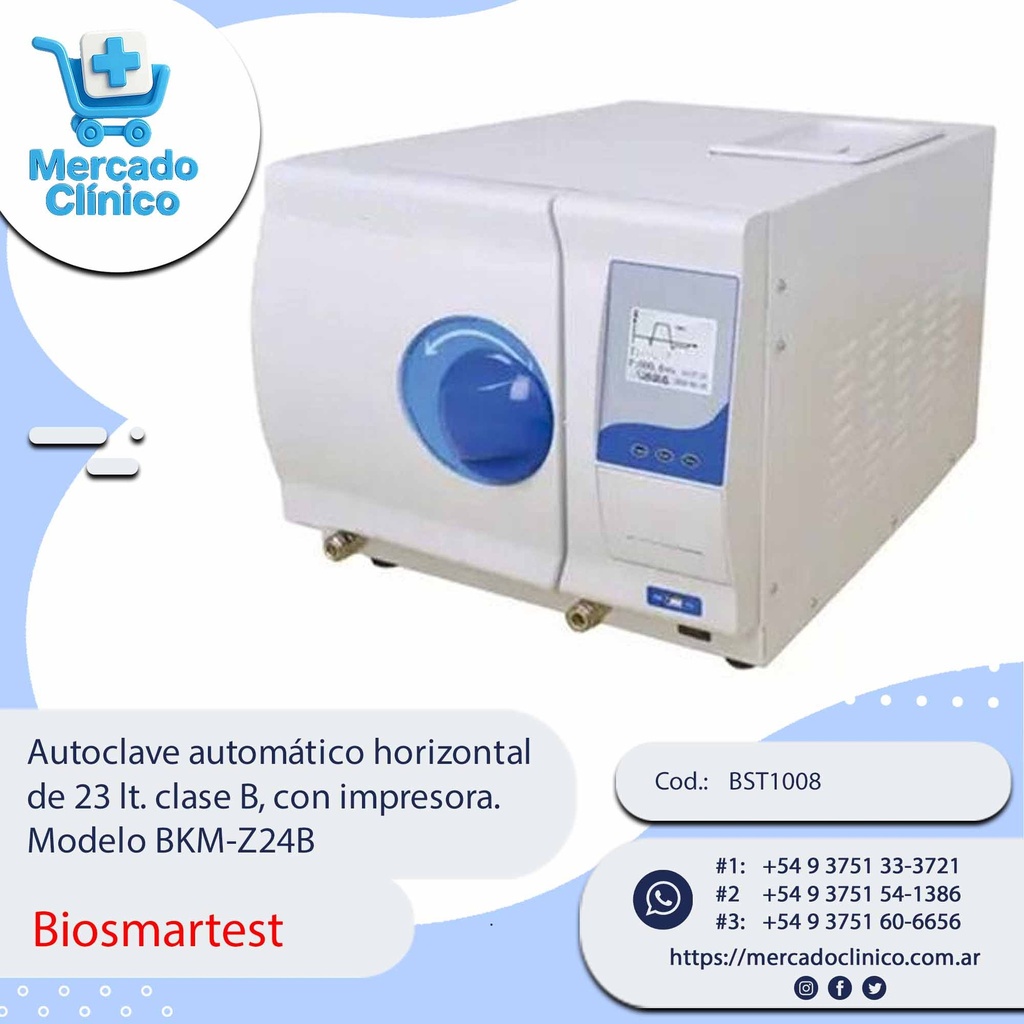 Autoclave automático horizontal  de 23 lt. clase B, con impresora.  Modelo BKM-Z24B - Biosmartest