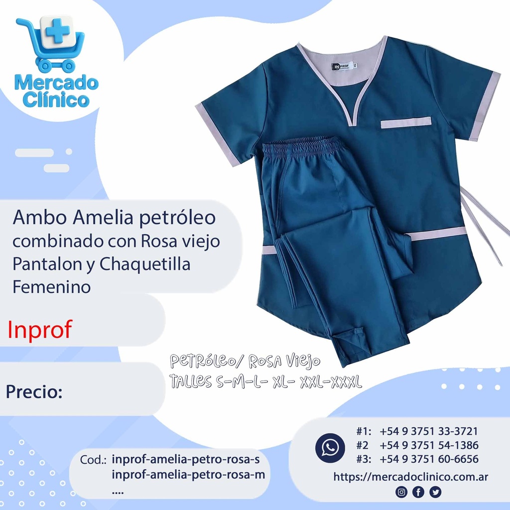 Ambo Amelia Petróleo combinado con rosa viejo - Pantalón y Chaquetilla - Femenino - Inprof