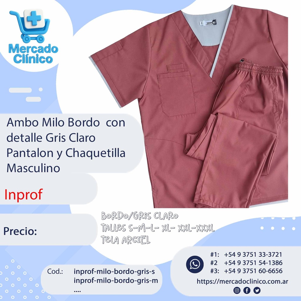 Ambo Milo Bordo  con  detalle Gris Claro Pantalon y Chaquetilla  Masculino - Inprof