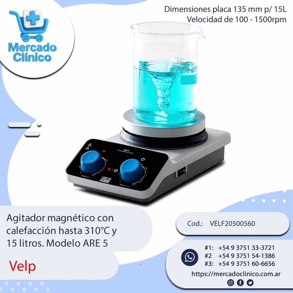 Agitador magnético con  calefacción hasta 310°C y  15 litros. Modelo ARE 5 - Velp