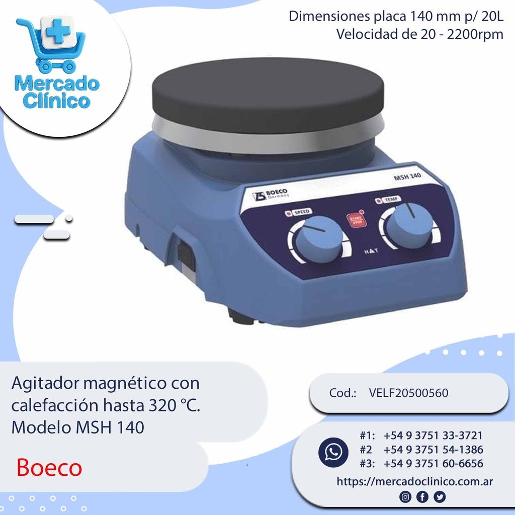 Agitador magnético con  calefacción hasta 320 °C.  Modelo MSH 140 - Boeco