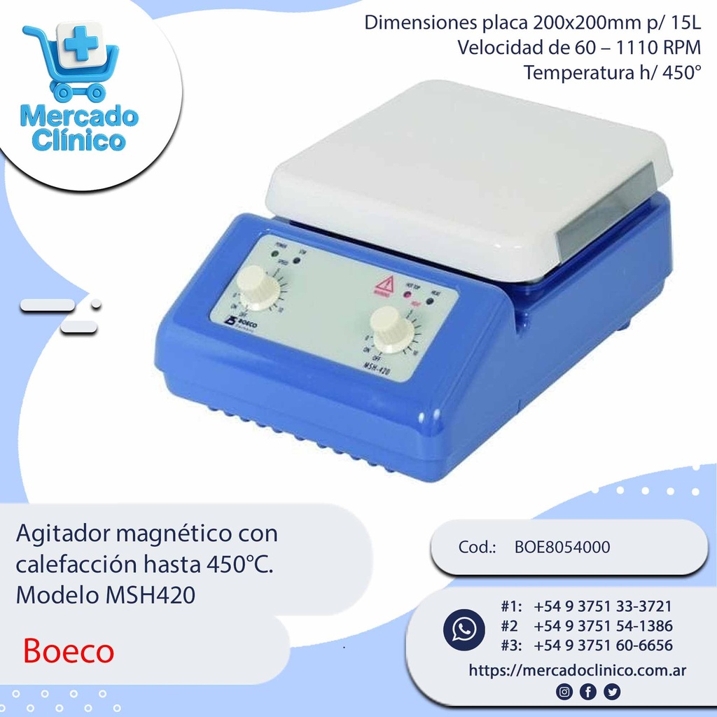 Agitador magnético con calefacción hasta 450°C. Modelo MSH420, marca Boeco